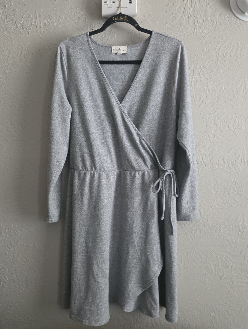 Derek Heart Women 2X Soft Cozy Gray Knit Faux Wrap Dress